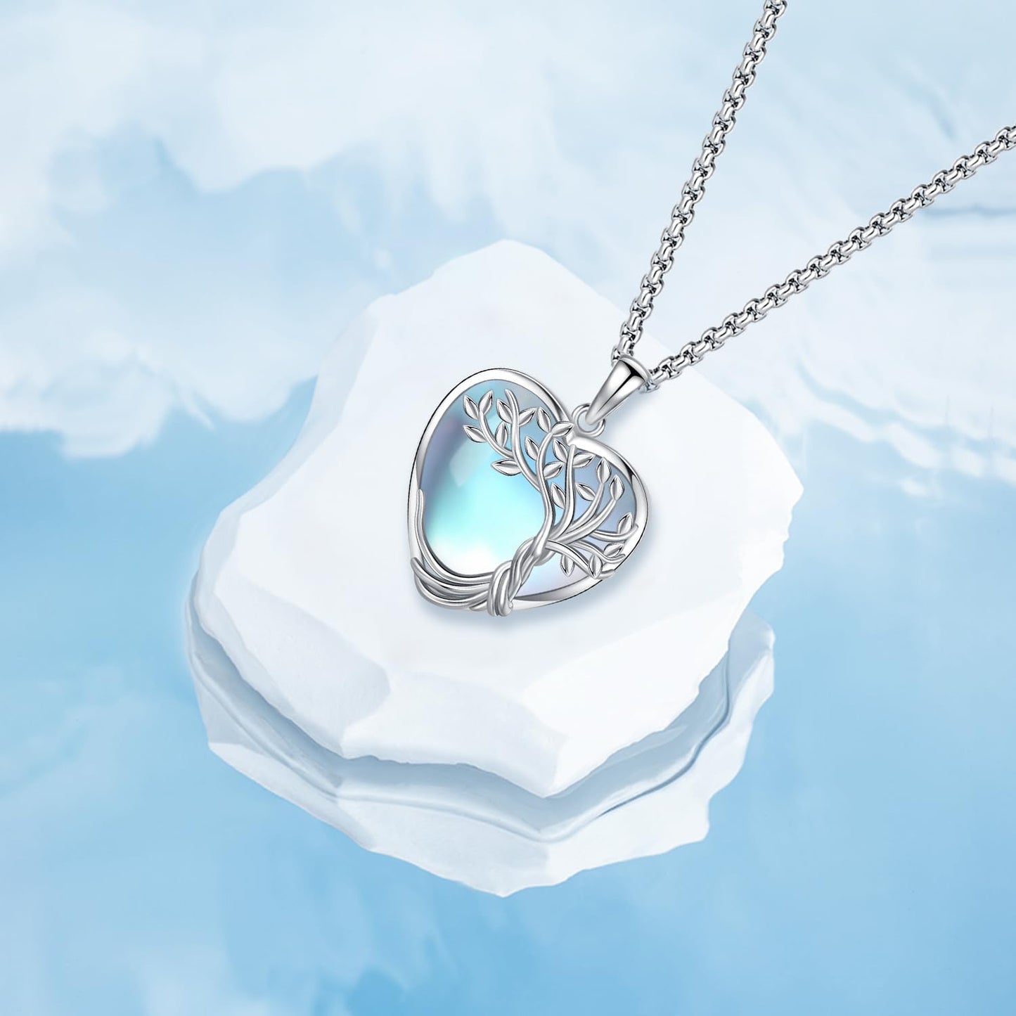 Aniu Tree of Life Necklace for Women Sterling Silver Blue Heart Crystal Celtic Tree Necklace Celtic Family Tree Moonstone Neckla