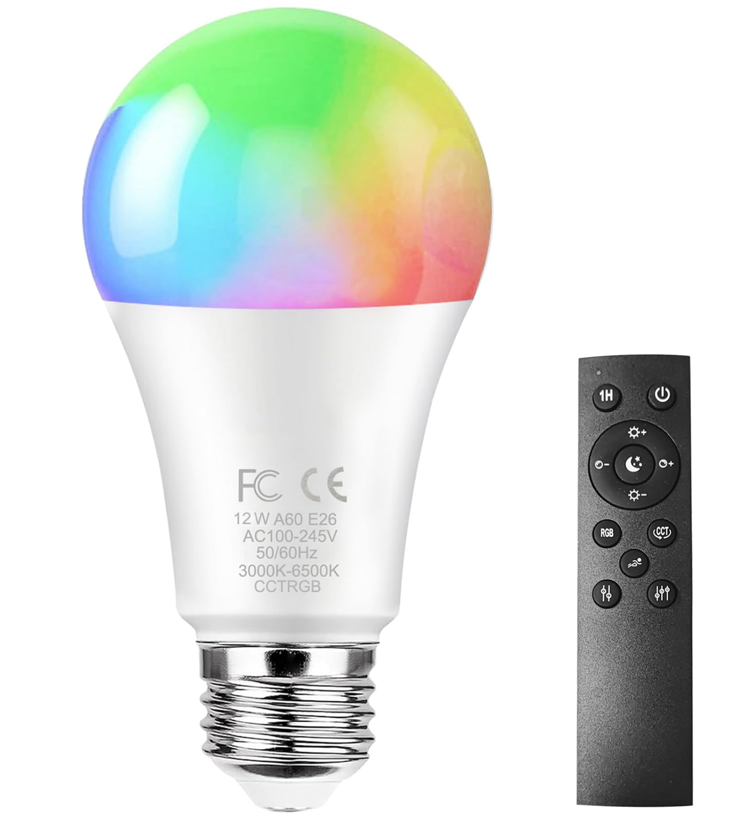 GRV E26 Smart LED Bulb 12W, RGBCW Color Changing, 1000 Lumens, Stepless Dimmable 3000-6500K, Includes Remote, A