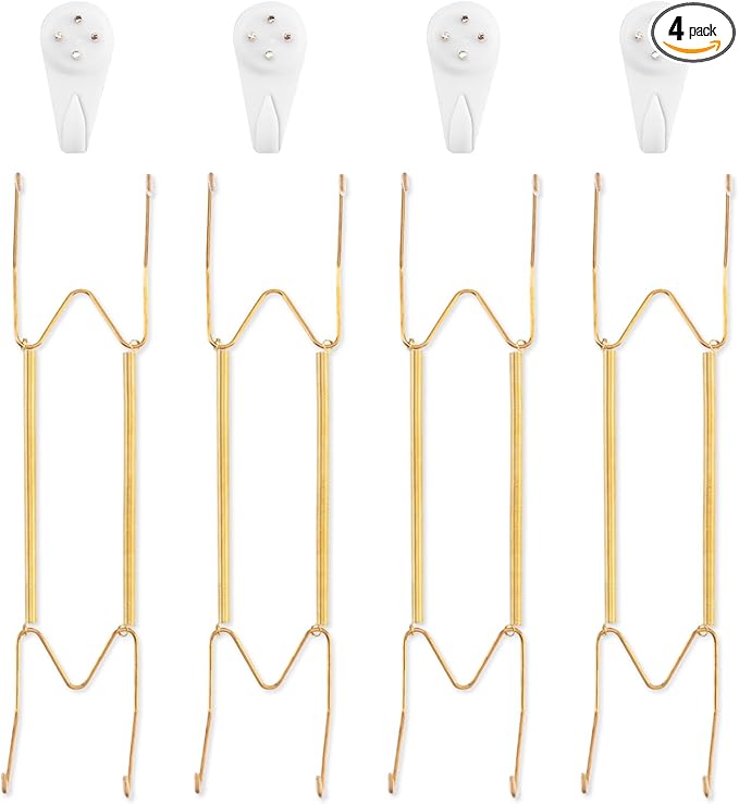 4 Pack Plate Hangers for The Wall, Suitable for 12-16 inch Art Plate, Stainless Steel Invisible Heavy Duty Wire Plate Holder with Wall Hooks, Plate Hangers for Displaying Plates, Platter, Dish, Gold