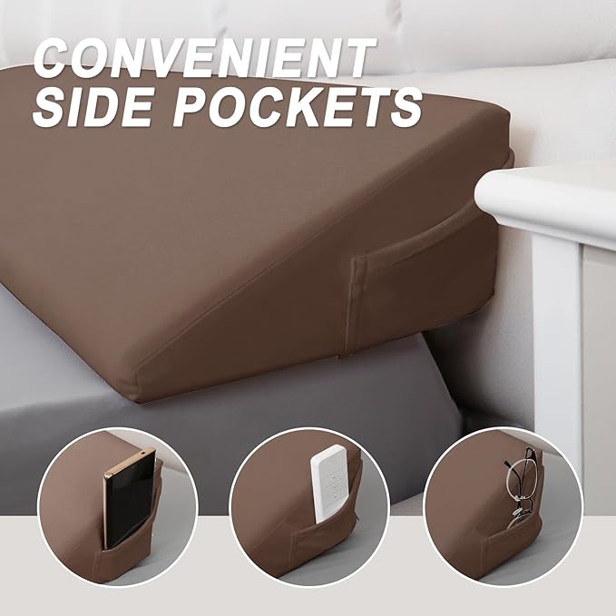 WdFour Bed Wedge Pillow, Close Off Headboard, Wall and Mattress Gap. Incline, Slanted Sweat-Proof Pillow for Neck and Back Pain Relief Anti-snoring for Comfortable Sleeping.(Chocolate,54Wx10Dx6H)