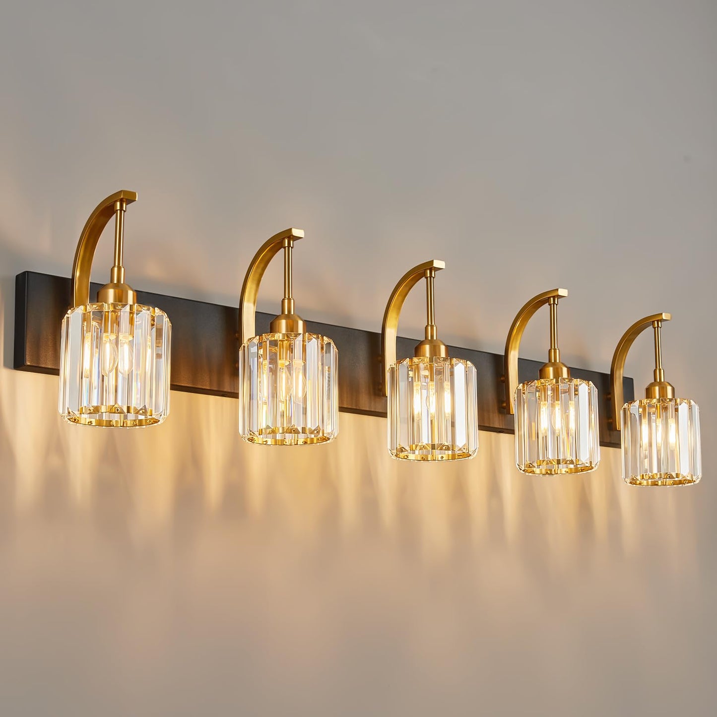 Fdpby 5-Light Crystal Vanity Light  Modern Black Gold Bathroom Wall Sconce With K9 Crystal Shades  42.51 Long Over Mirror Lighting For Vanity  Makeup  Hallway  Elegant & Easy Installation