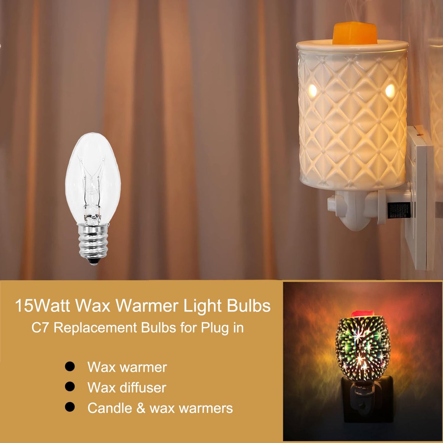 PaeorRorL Wax Warmer Bulbs, 15 Pack, 15 Watt C7 E12 Base, Compatible with Scentsy Plug-in Warmers, 120 Volt