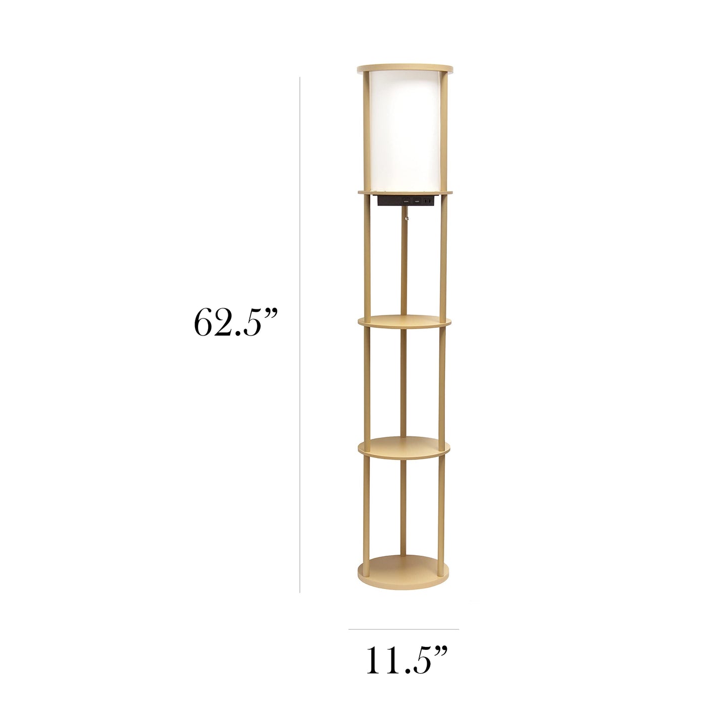 Simple Designs Round Shelf Etagere Floor Lamp with USB Ports, 62.5in, Tan, Model LF2010-TAN, Plastic Material
