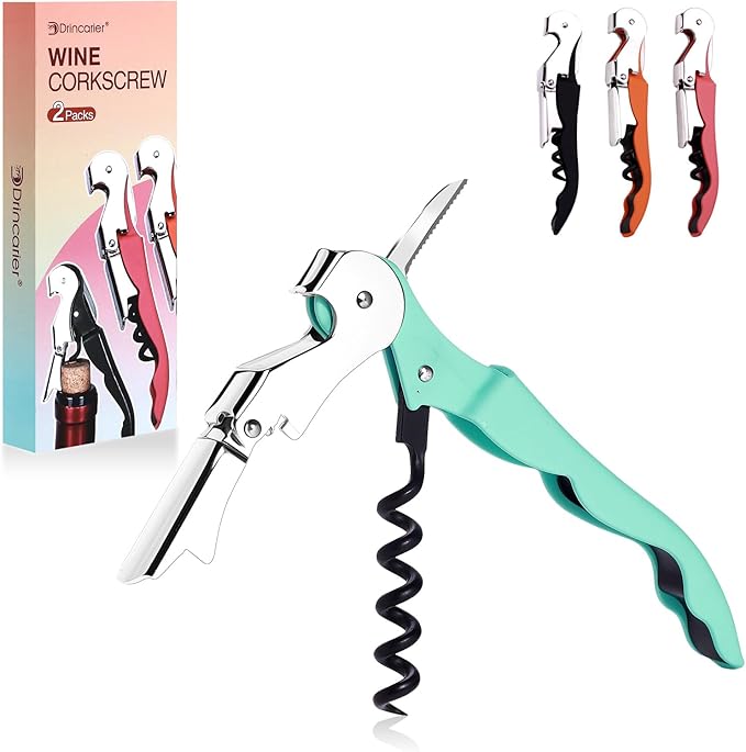 Soft Velvet Touch Waiters Double Hinge Corkscrew Wine Key Bottle Opener，Heavy Duty Waiter Corkscrew, Foil cutter and Bottle Opener,2-pack (2, Mint Green)