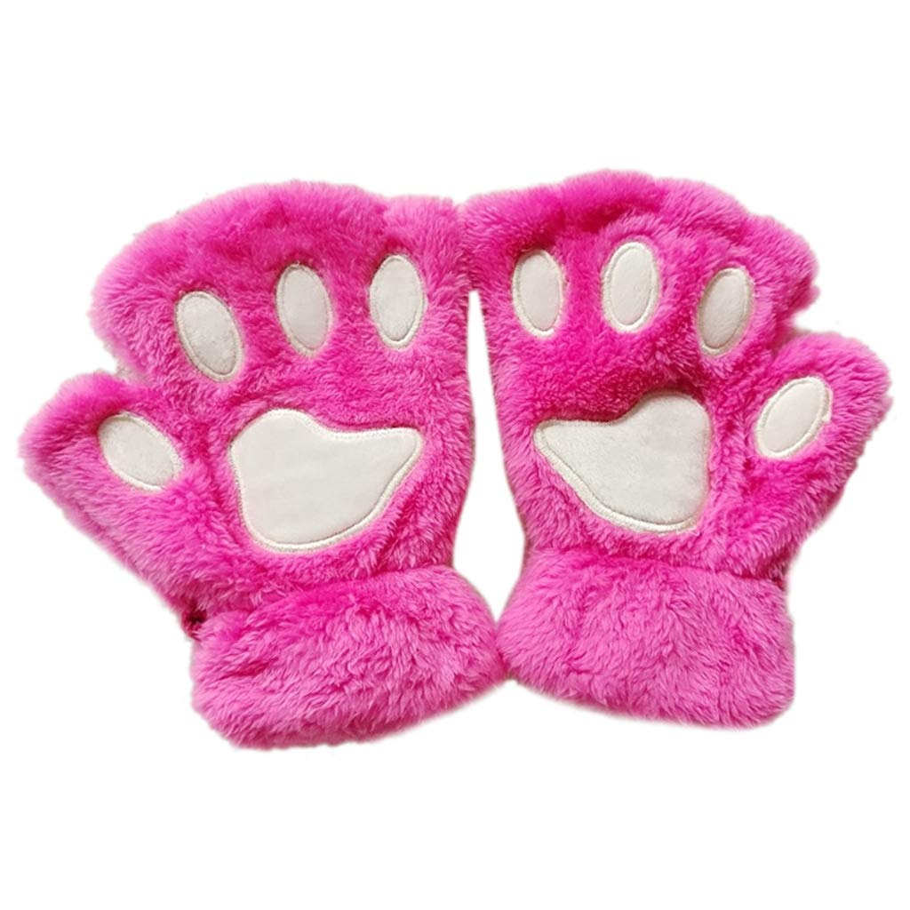 Junlinto Women Girls Lovely Cat Paw Claw Thick Half Fingerless Gloves Fluffy Plush Mitten-HOT Pink