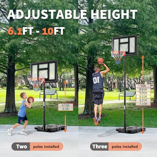 DUMOS 10FT Adjustable Height Portable Basketball Hoop Outdoor for Adult, 44 Inch Shatterproof Backboard w/Shock Absorbent ...