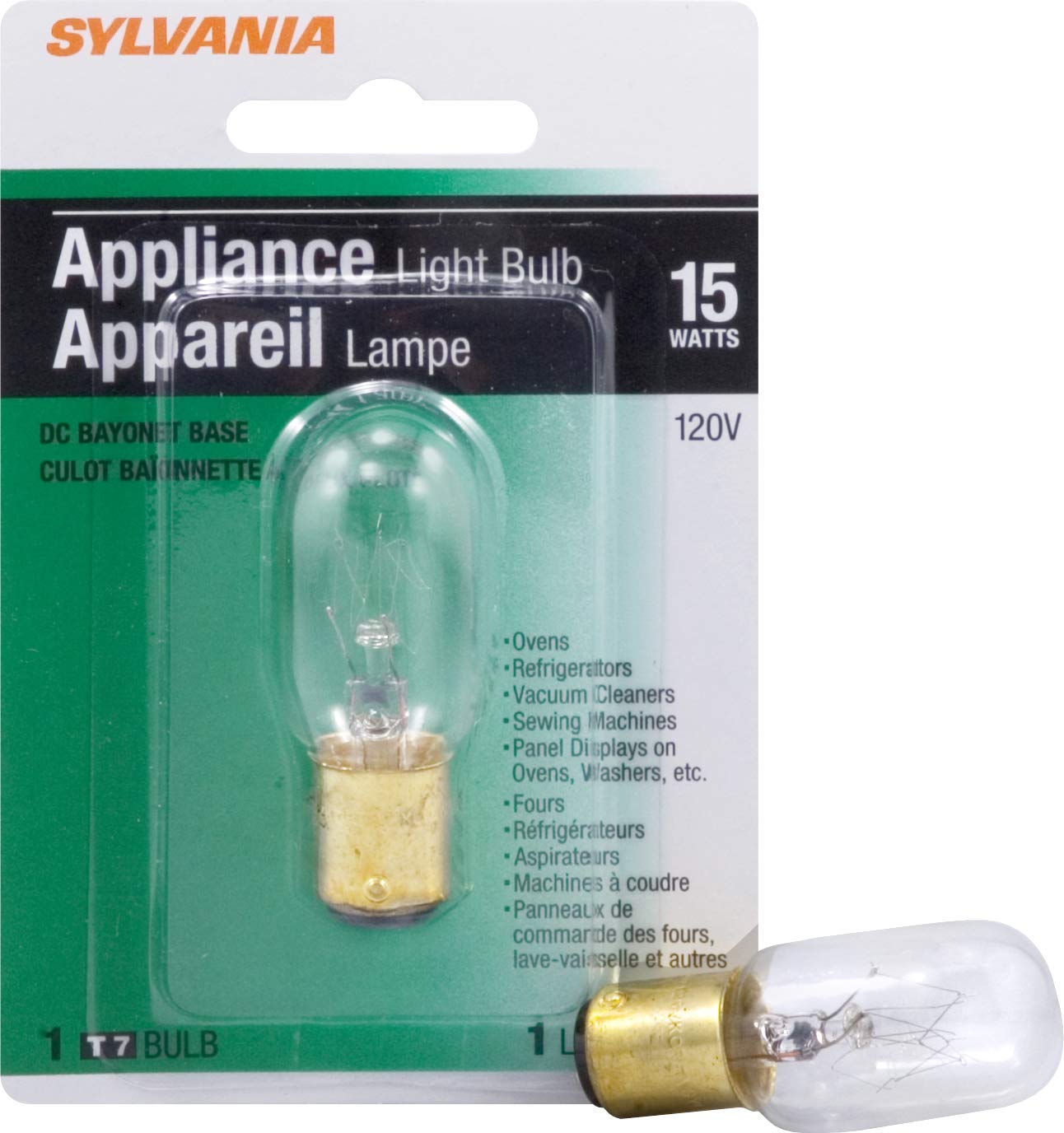 Ledvance Sylvania 15W Incandescent Appliance Light Bulb, T7, 110 Lumens, Bayonet Base, Warm White, 1 Count, Model 18200