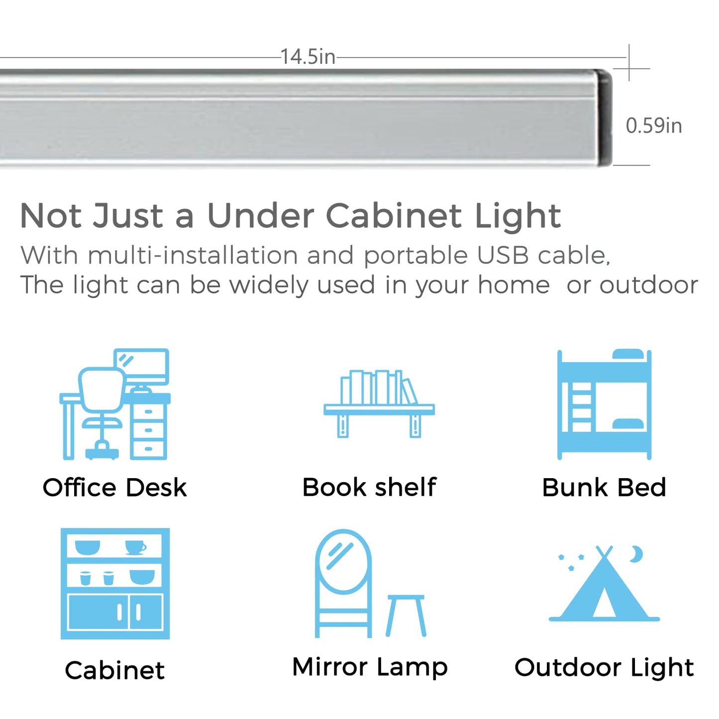 Asoko Led Under Cabinet Lighting, Dimmable 3 Color Temperature, 14.5 Inch, Metal, Usb Plug-In, Silver, 2 Pack