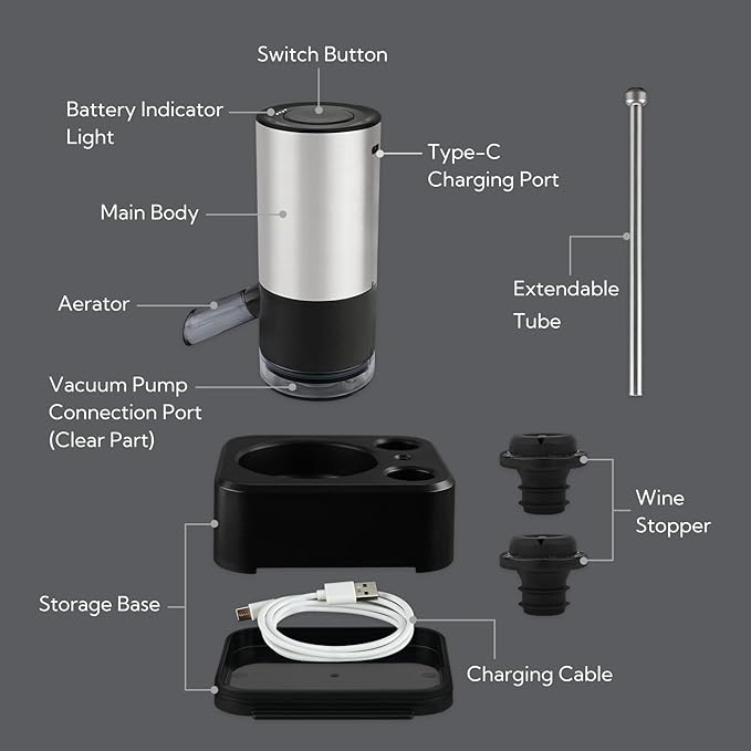 KITCHENDAO Rechargeable Electric Wine Aerator Dispenser and Wine Saver Pump, Automatic Wine Pourer with USB-C Cable, Storage Base and 2 Stoppers, Built-in Sound Indicator
