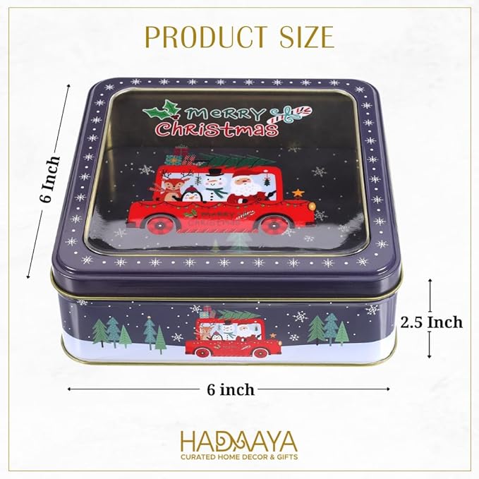 Metal Cookie Tin with Clear Lid – Square Multipurpose Storage Container for Cookies, Candy, Snacks, Chocolate Cake, Crafts – Ideal for Parties & Gift Giving – Merry Christmas Design