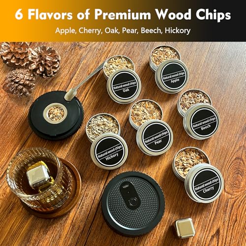 Electric Whiskey Smoker Kit–Rechargeable Cocktail Smoker Kit with Built-in Lighter, 6 Wood Chip Flavors–Old Fashioned Smok...