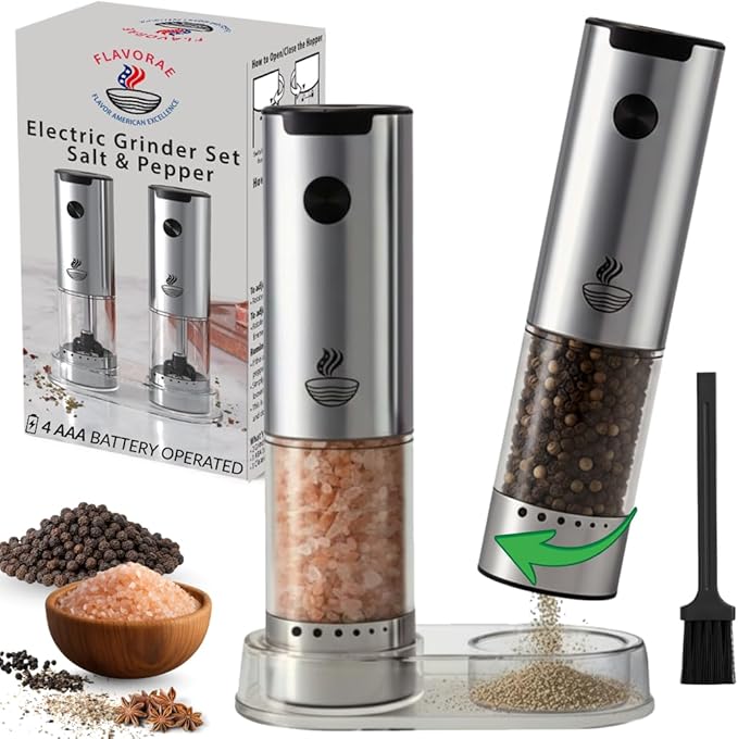 Electric Salt and Pepper Grinder Set - Automatic 3A Battery Pepper Mill Shakers - Upgraded Adjustable Coarseness with Led & Large Capacity - Built-in LED Light - 2 Pack