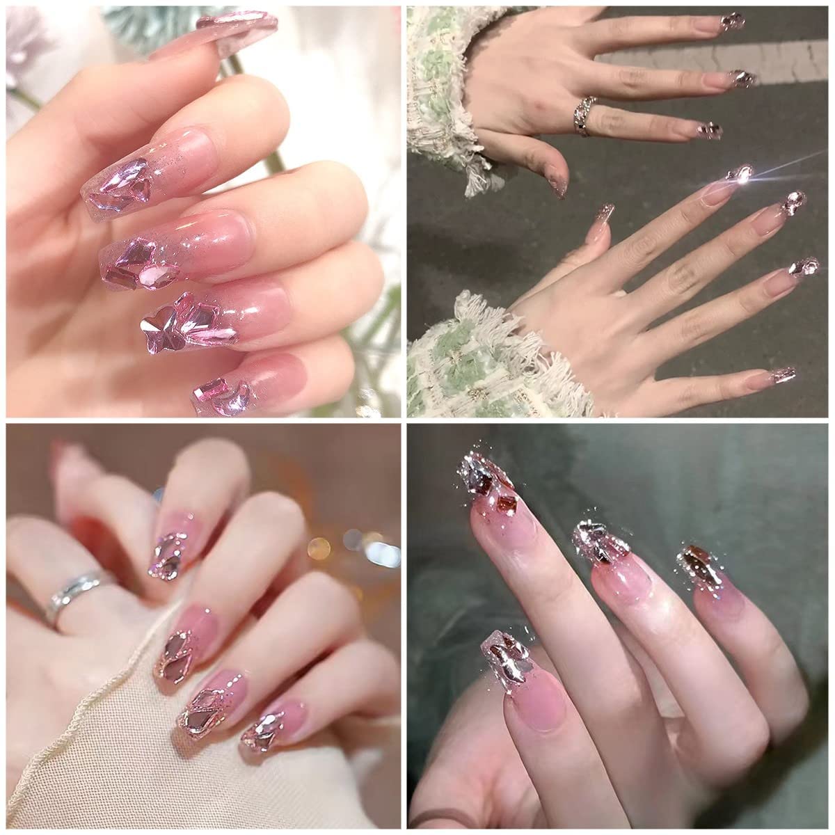 qiipii 3 Boxes Light Pink Nail Rhinestones 240 Multi-Shapes Flatback Big Gems Round Beads K9 Glass Stones Diamonds Jewels Nail A