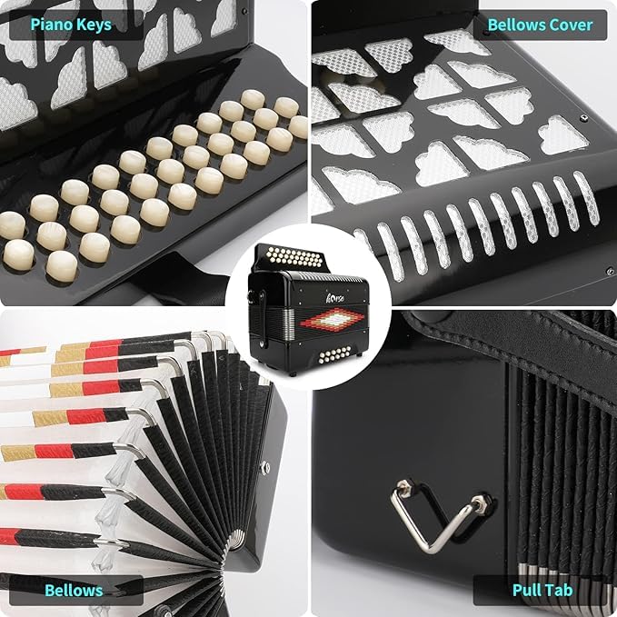Horse 31 Key Accordion,12 Bass 3-Row G/C/F Diatonic Accordions Instruments For Adults With Thicked Suitcase And Straps, 31 Keys