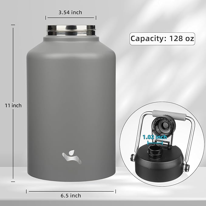 1 Gallon Jug with Handle,128 oz Insulated Water Bottle with Carrying Pouch, Double Wall Vacuum Stainless Steel Metal Bottle,Gray