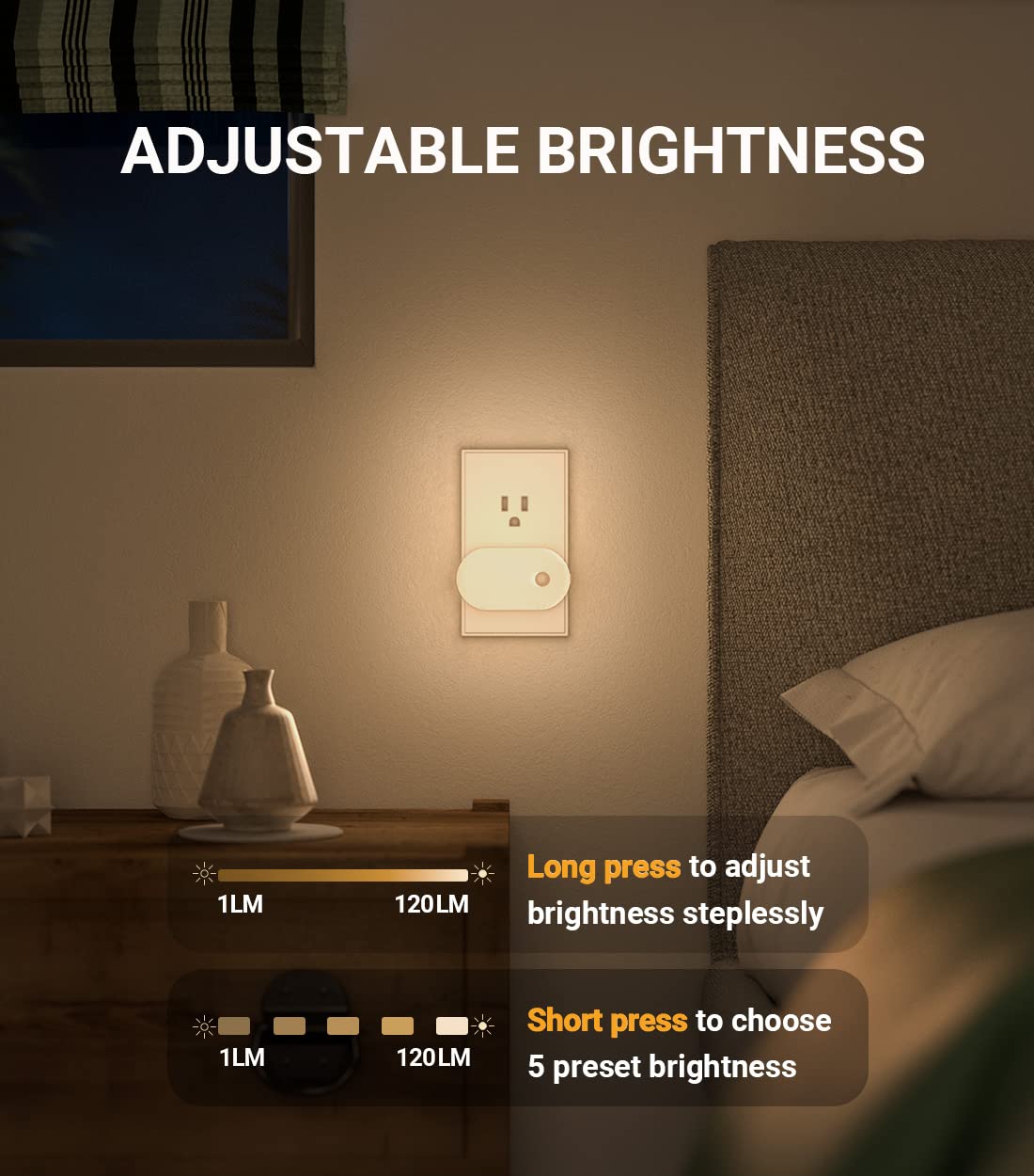 Lyridz Motion Sensor Night Light, 1-120LM Adjustable Brightness, Warm White, 2 Pack, Model A5117, Plastic