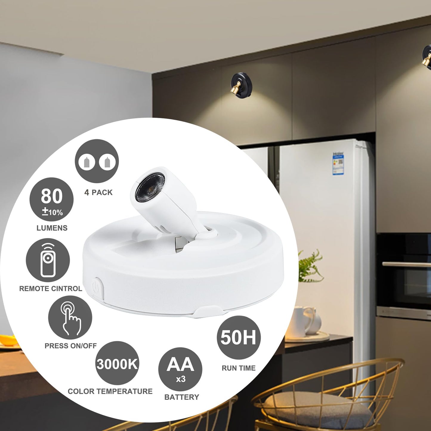 HOFUY Wireless LED Spotlight Puck Lights, Dimmable with Remote, 4-Pack, White, Model Spot-QB-4