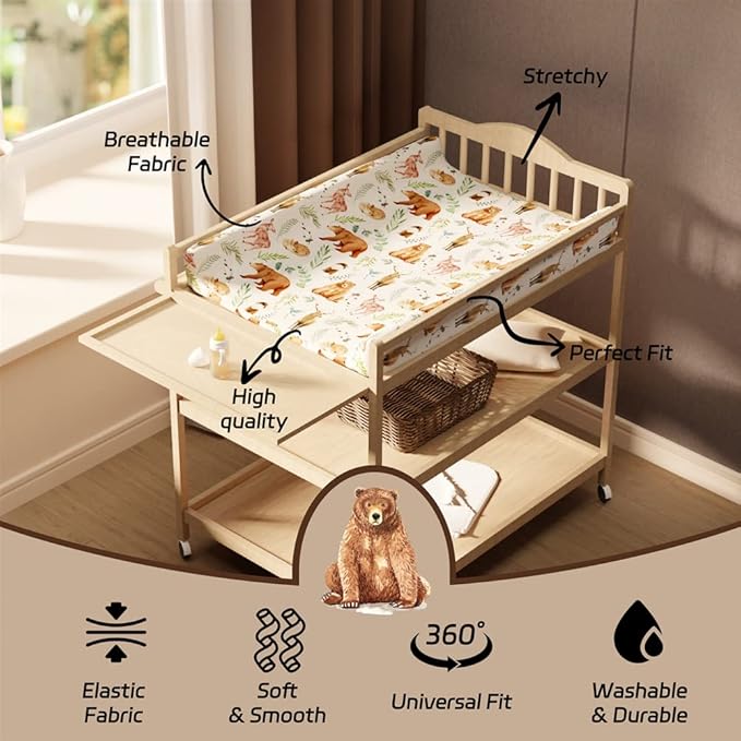 4 Pack Changing Pad Covers Woodland Forest Animals Wood Neutral Unisex Fitted Baby Changing Pad Cover Set for Baby Boys or Girls