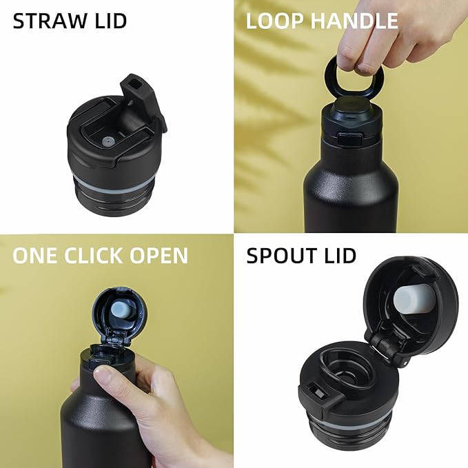 BJPKPK Insulated Water Bottle With Straw 17oz Stainless Steel Water Bottles With 2 Lids And Carry Handle Reusable Travel Metal Thermal Flask,Black