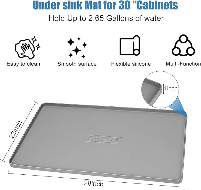 Under Sink Mats for Kitchen Waterproof, 28" x 22" Silicone Under Sink Liner Kitchen & Bathroom Cabinet Protector Mat, Heavy Duty Flexible Under Sink Drip Tray with Lip, Cool Grey