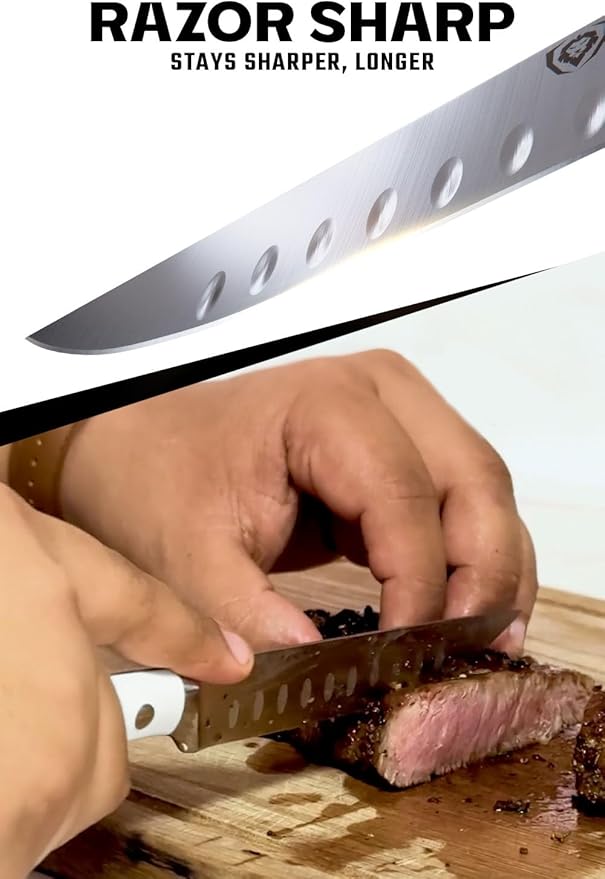 Dalstrong Steak Knife Set with Folding Block - 8 Pc - Gladiator Series - 5" Straight Edge Blade - Forged High-Carbon German Steel - w/Modular Storage Block - Glacial White ABS Handle - NSF Certified