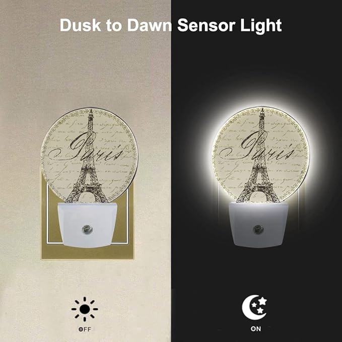 EKOBLA Boho Beige Paris Night Light Vintage Eiffel Tower France Night Lights Plug into Wall with Dusk to Dawn Sensor Home Plug Wall Light for Boys Girls Men Women