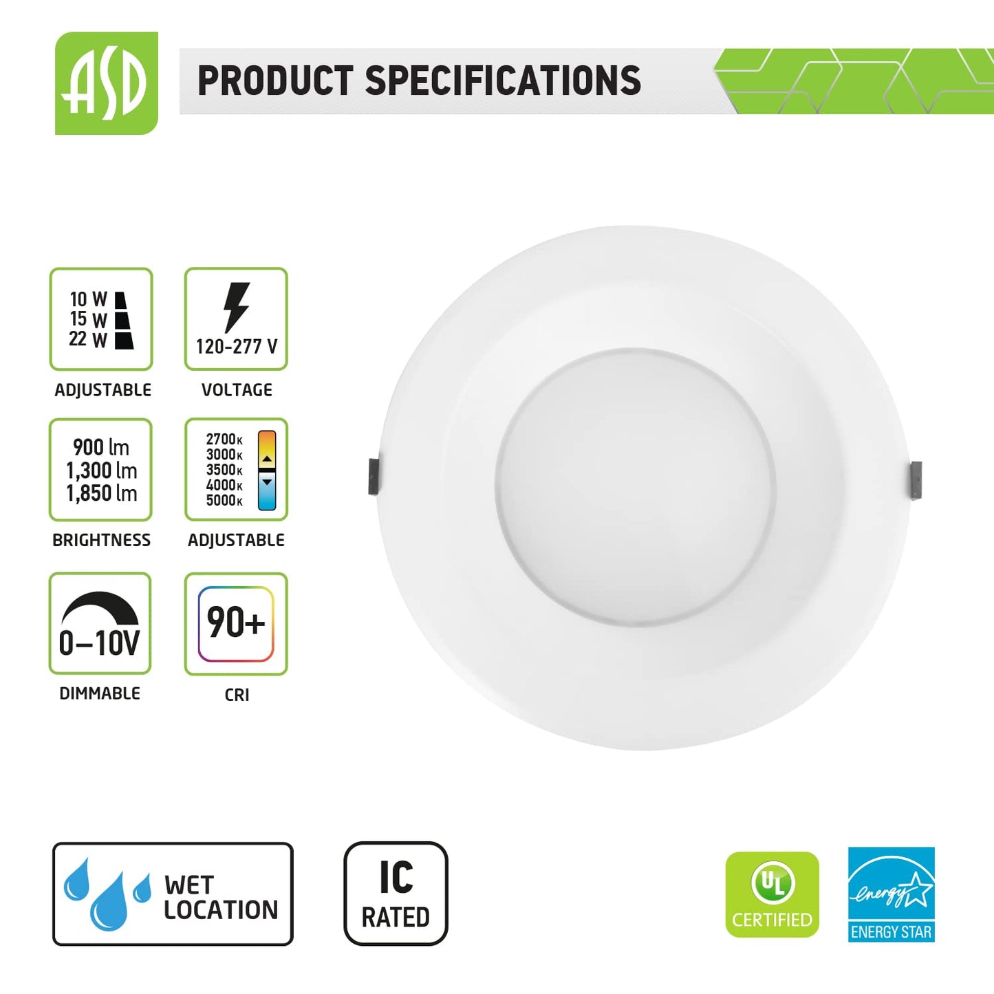 Asd 6 Inch Commercial Canless Led Downlight  Power Adjustable 10/15/22W Lighting  Dimmable Recessed Ceiling Light Fixture  5 Color Temperatures 2700K-5000K  120-277V Ic Rated Ul & Energy Star 4 Pack