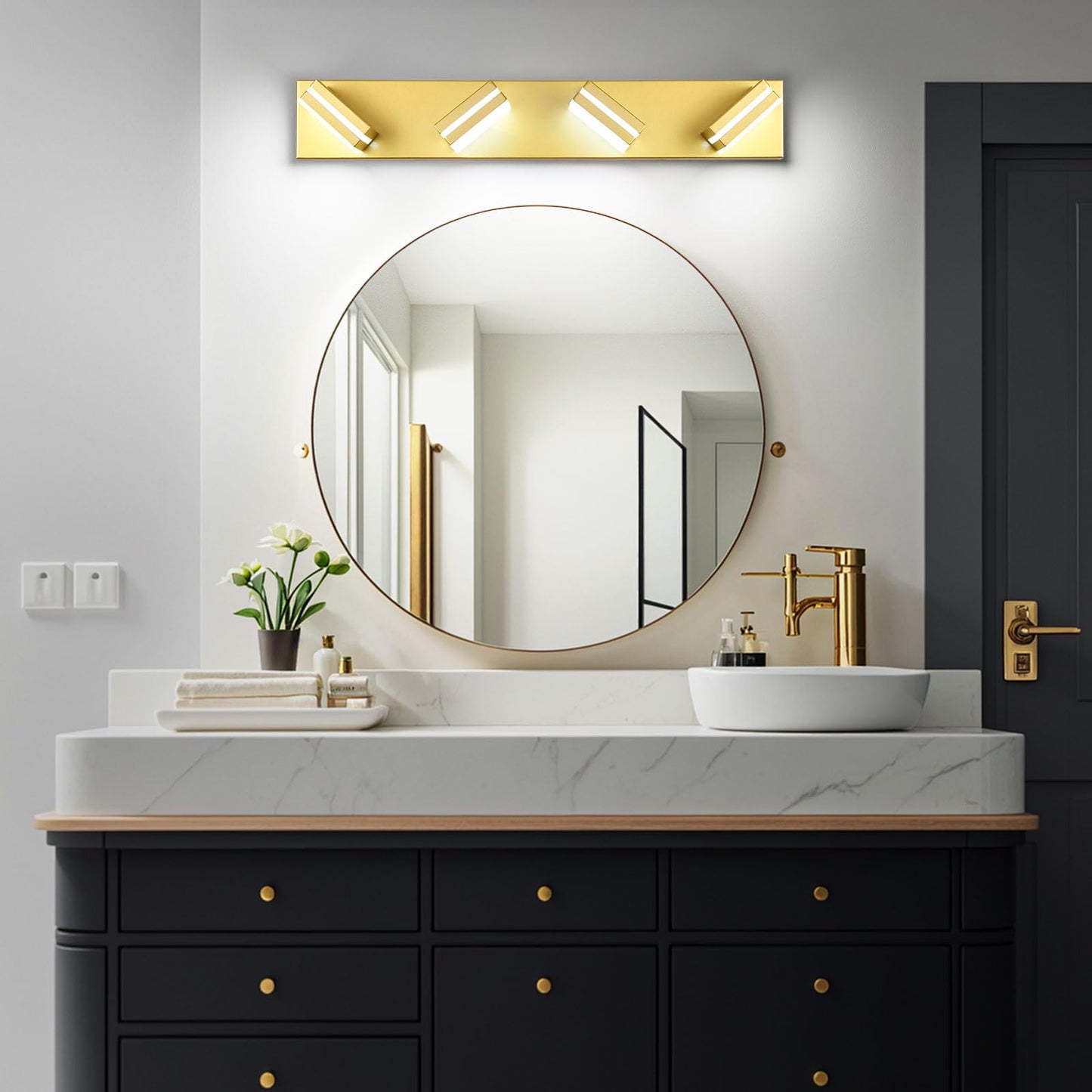 Jzekvn Modern Led Bathroom Lights Fixtures(4-Light) Metal Gold Acrylic Wall Lighting Vanity Lights For Bathroom Over Mirror(6000K 27In