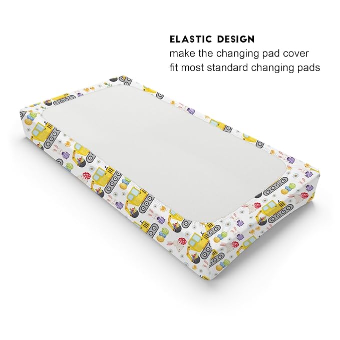 Easter Construction Trucks Changing Pad Cover Colorful Bunny Eggs Chicks Spring Floral Unisex Diaper Change Table Sheets for Boy Girl Soft Breathable Stretch Fitted Changing Pad Table Mats 32''x16''