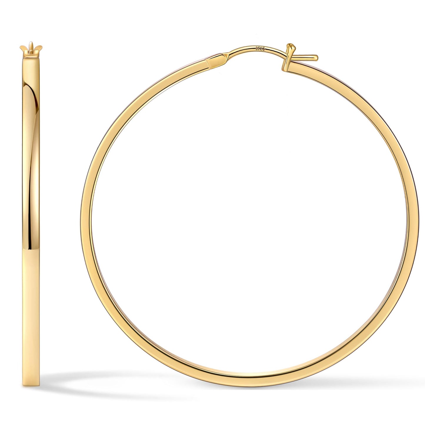 Gacimy Gold Hoop Earrings for Women, 14K Gold Plated Flatted Hoops with 925 Sterling Silver Post, 50mm Big Earrings for Women
