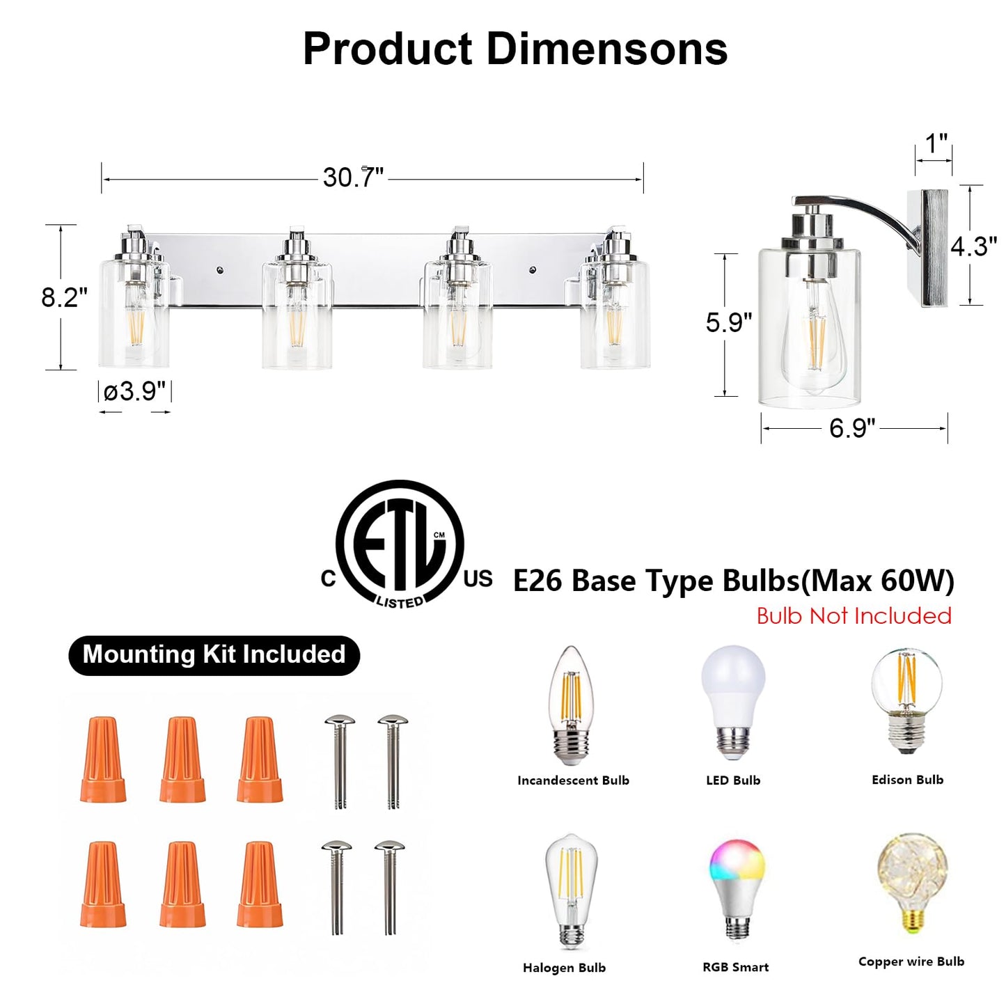 Alaislyc 4-Light Bathroom Light Fixtures Modern Chrome Vanity Lights For Bathroom Lighting Fixtures Over Mirror With Clear Glass Shade For Cabinet Mirror Bedroom Hallway