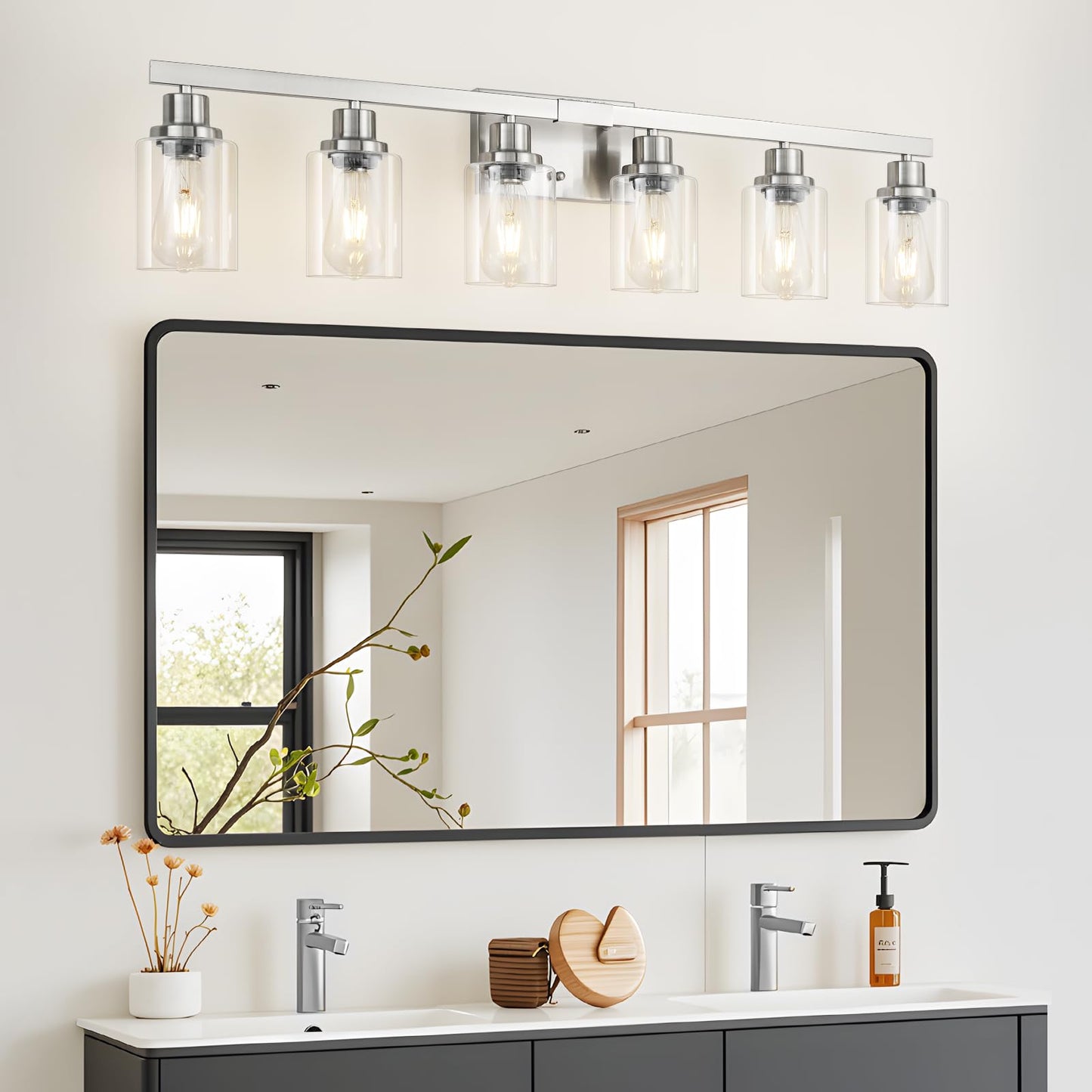 Dikaida 6-Light Bathroom Vanity Light, Nickel Metal Wall Sconce With Clear Glass Shade, Model Ns-6
