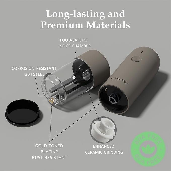 Electric Pepper Grinder, USB Rechargeable, Automatic Pepper Shaker, Adjustable Coarseness, Electric Pepper Mill, LED Light, Refillable, Kitchen Gadget (1-Pack, Greige)