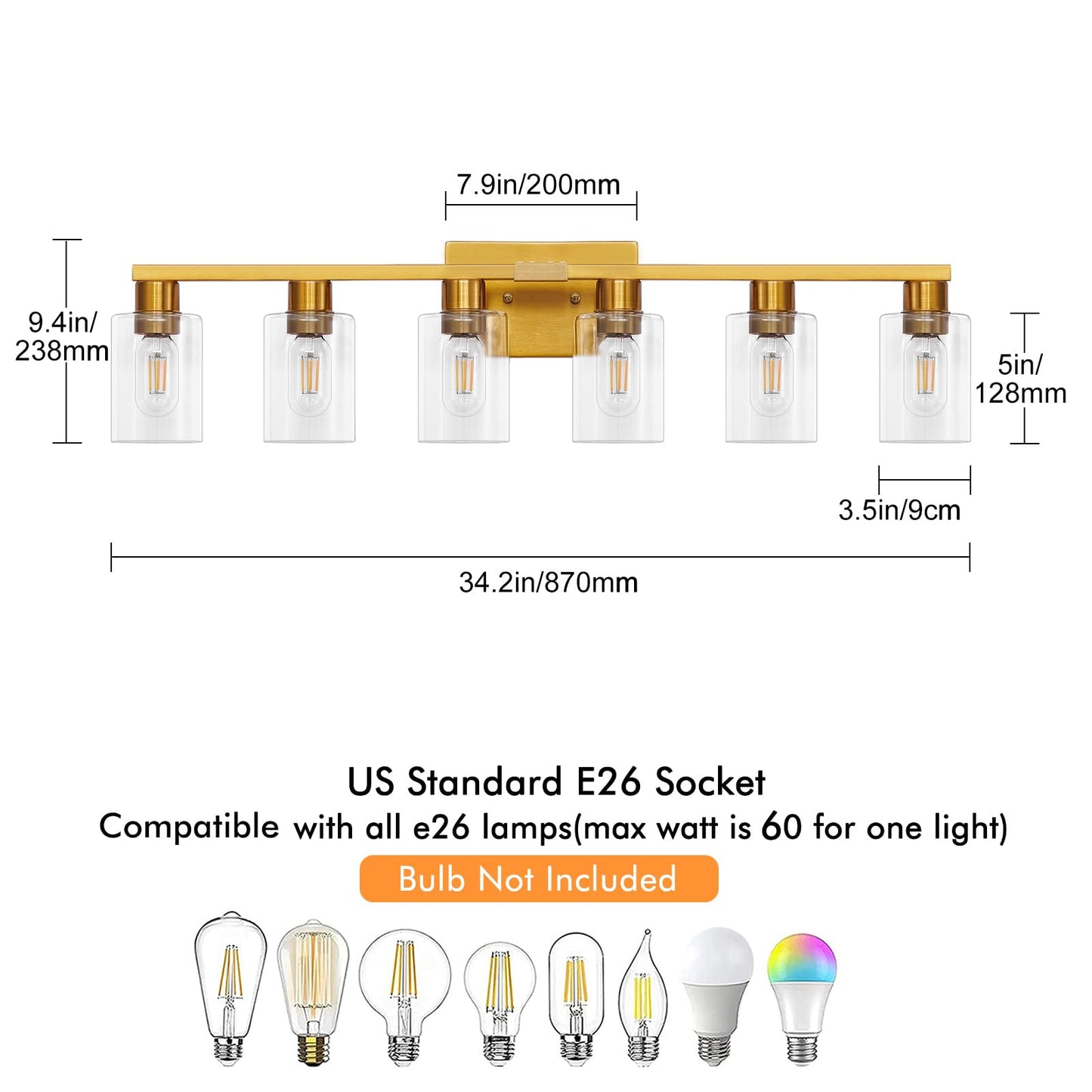 Hdasic 6 Light Bathroom Light Fixtures  Large Gold Bathroom Vanity Light With Clear Glass Shade  Brushed Brass Gold Bathroom Lighting Fixtures Over Mirror  Modern Wall Scones For Bedroom Living Room