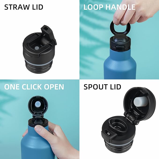 BJPKPK Insulated Water Bottle With Straw 17oz Stainless Steel Water Bottles With 2 Lids And Carry Handle Reusable Travel Metal Thermal Flask,Sea Blue