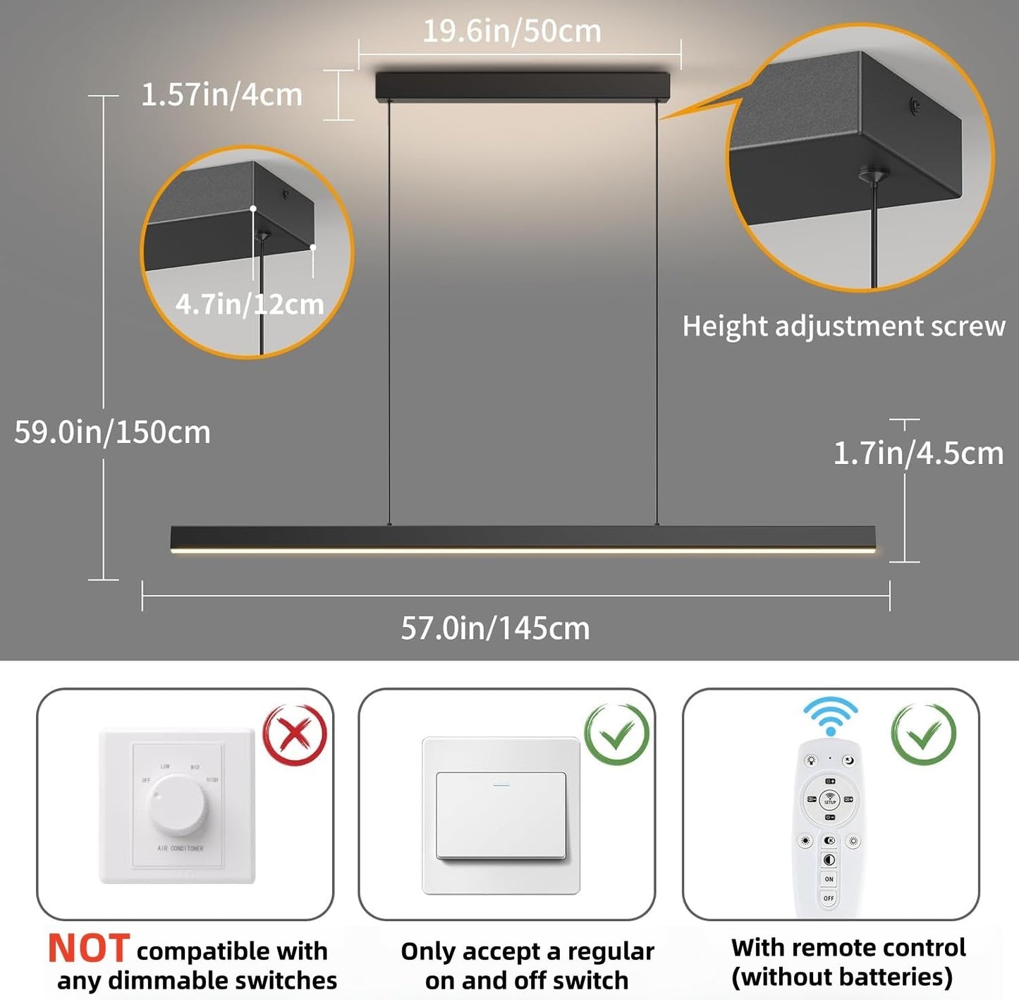 Zihoi Modern Ceiling Pendant Light 57In Led Black Linear Ceiling Chandelier Light Dining Room Living Room Warm & Cool  Neutral Light Aluminum Island Lighting Hanging Pendant Light For Kitchen