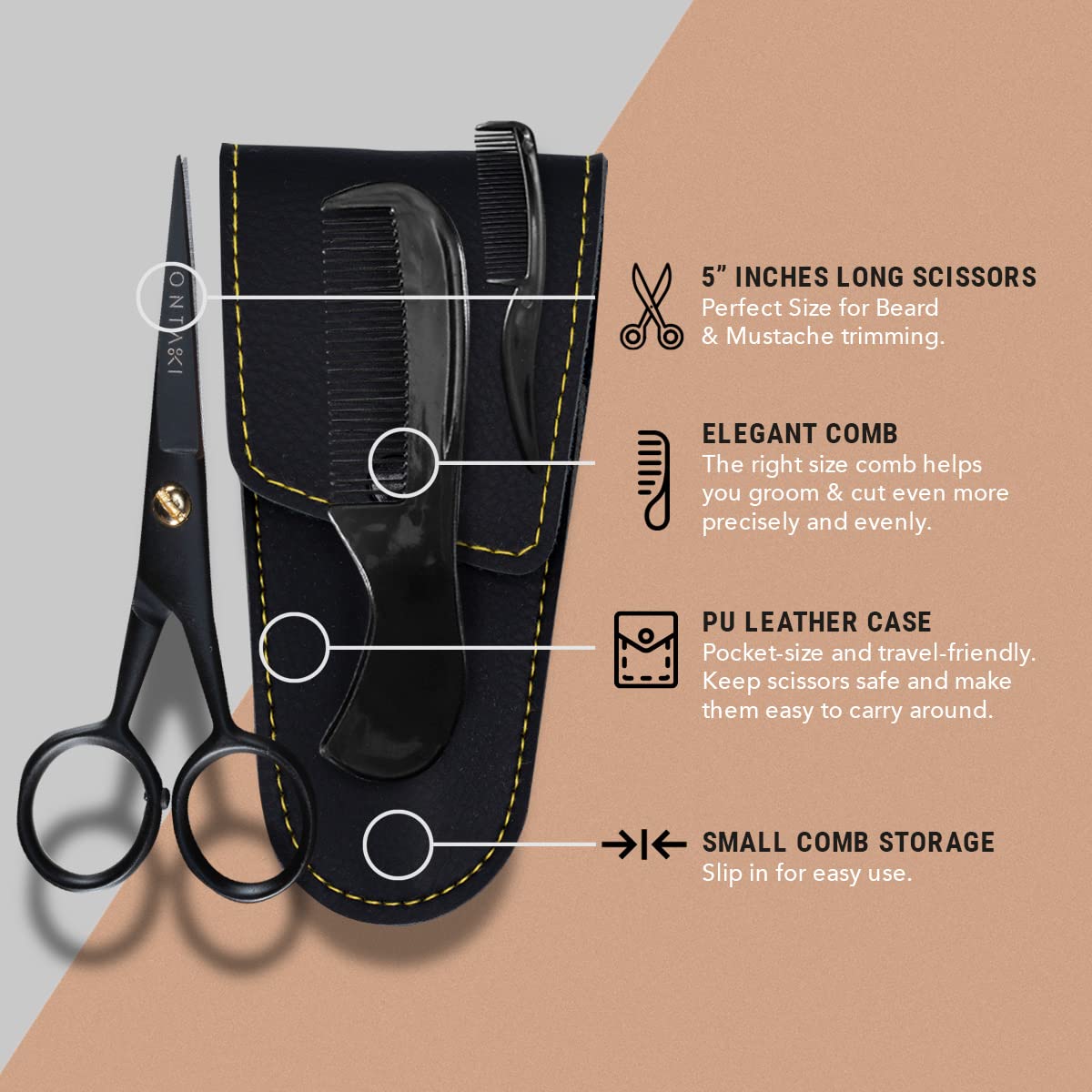 Ontaki 5 Professional German Beard & Mustache Scissors with 2 Comb & Carrying Pouch for Men - Bevel Edge for Precision - Facial