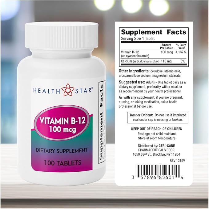 GeriCare Vitamin B-12 100mcg Tablets – Promotes Energy, Cognitive Function & Nervous System Support – Trusted Supplement for Daily Wellness – 100 Count