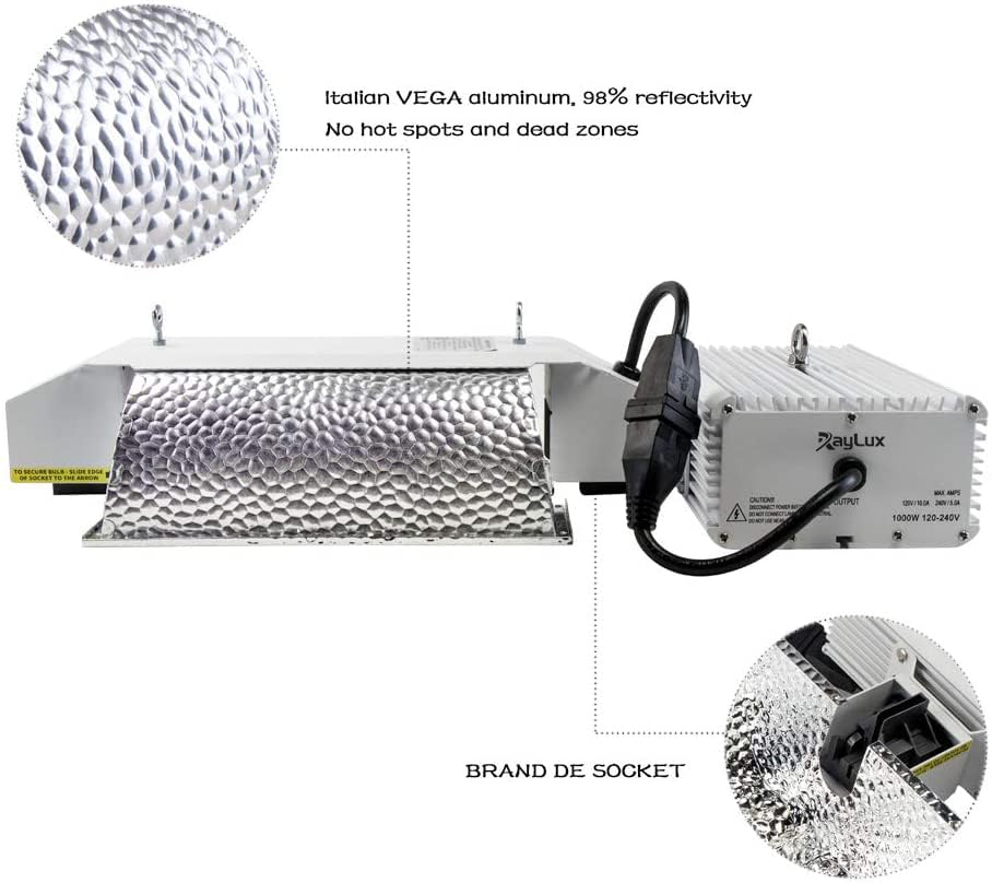 Generic Raylux 1000 Watt DE Grow Light System with Controller Port, Aluminum Reflector, Silver, Model 1, 2100K DE HPS Bulb