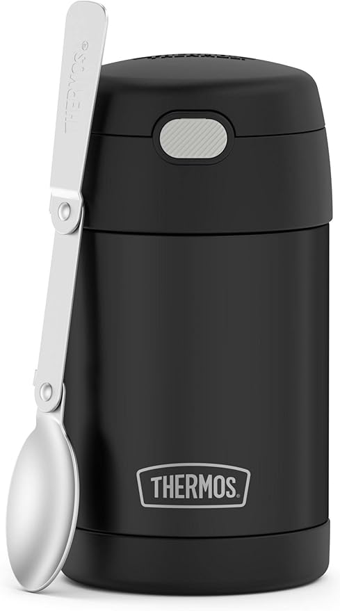 THERMOS FUNTAINER Insulated Food Jar, 16 Ounce, Kid Friendly Food Jar with Foldable Spoon, Matte Black