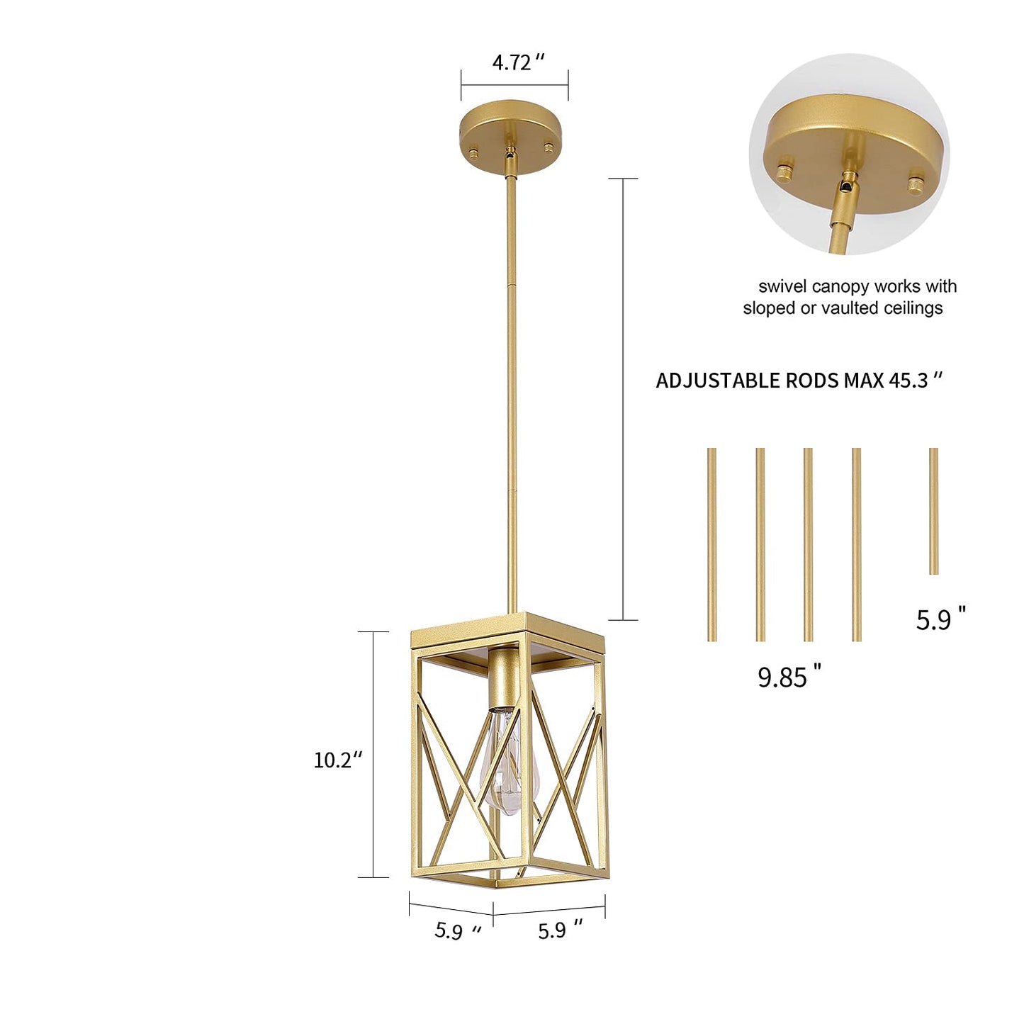 Fivess Lighting Modern Gold Pendant Light, Metal Cage, One-Light Adjustable Rods, for Kitchen Island, Cafe Bar, Model 6974443065800