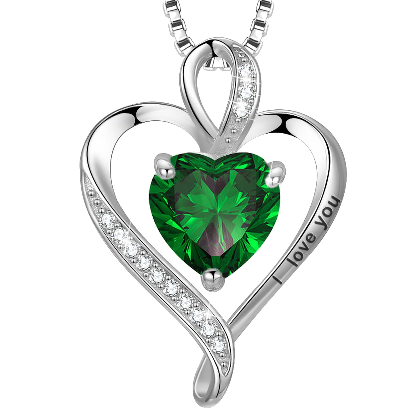 LAVUMO Heart Necklace for Women - I Love You 925 Sterling Silver Heart Birthstone Necklace, Jewelry Gift Box Set, Anniversary Bi