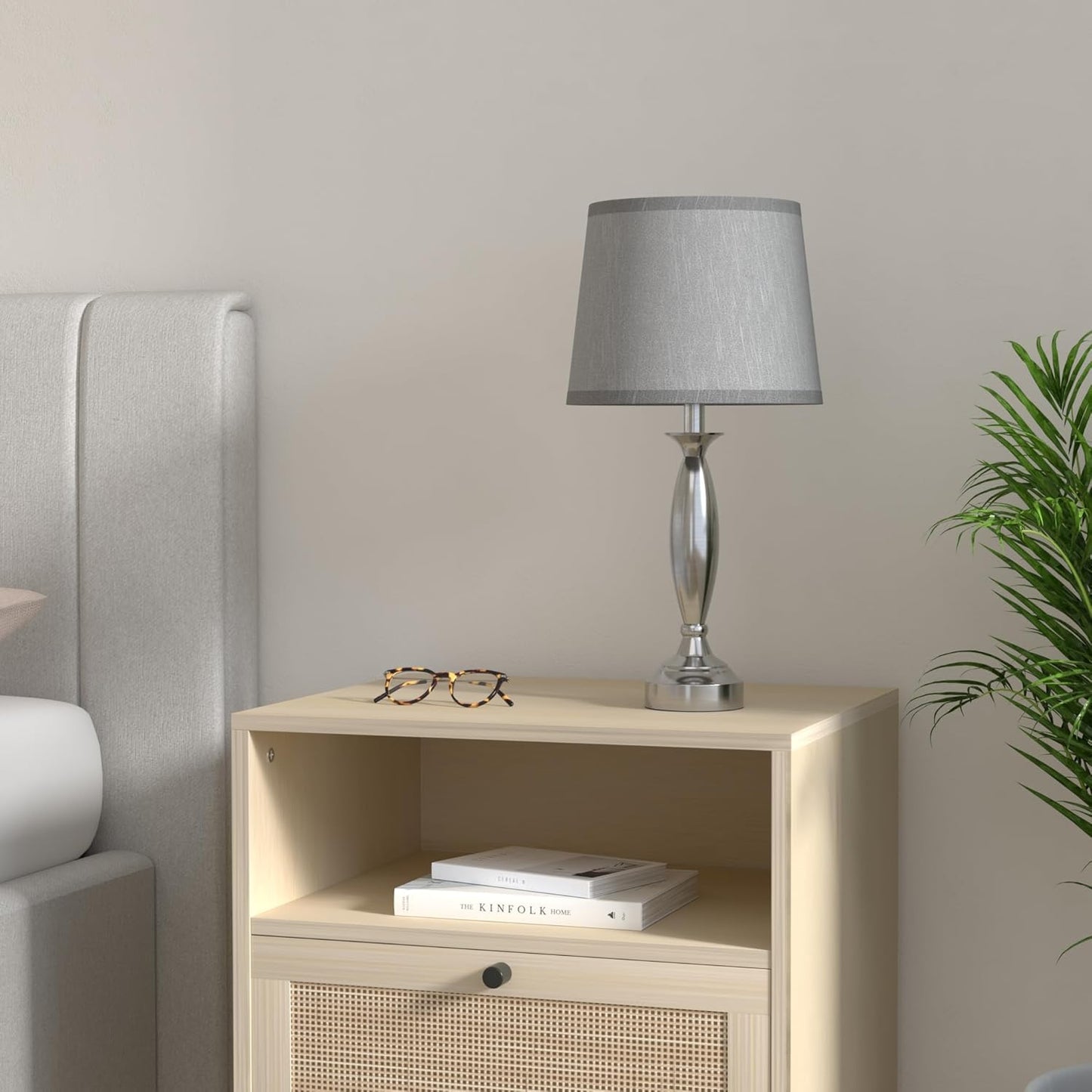 Seealle Touch Control Bedside Lamp, 3 Way Dimmable, USB C+A, 22.5in, Brushed Nickel, H. Grey Shade, Model jinshuzhu 1