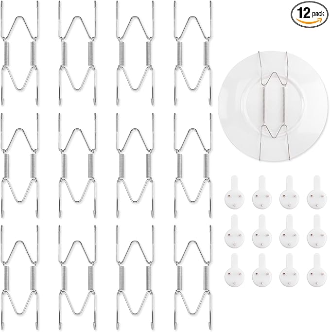 Bilillo 12 Pack Plate Hangers for The Wall, Suitable for 4-6 inch Art Plate, Stainless Steel Invisible Heavy Duty Wire Plate Holder with Wall Hooks, Plate Hangers for Displaying Plates, Silver