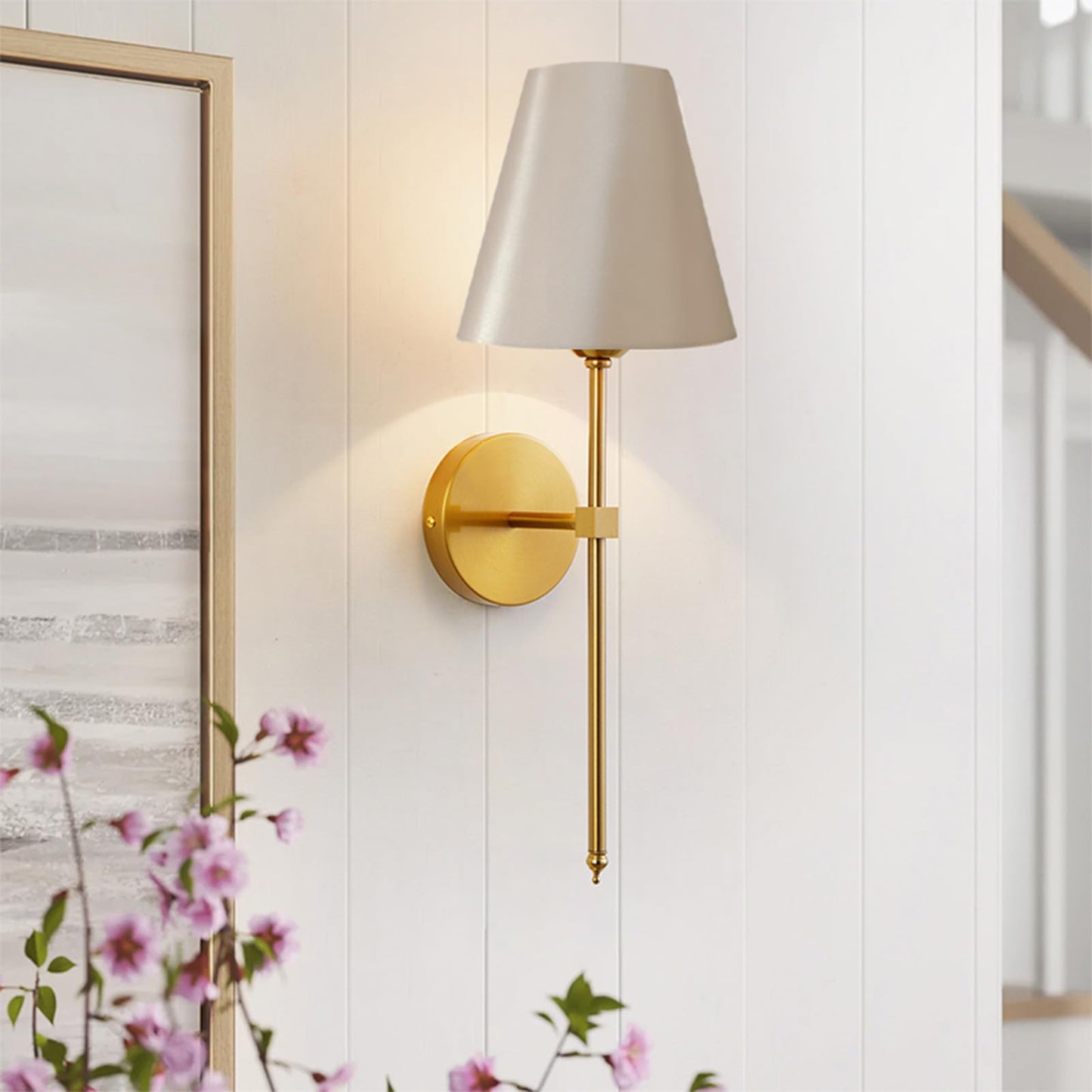 KUAUGST Wall Sconces, Retro Industrial Bathroom Vanity Lighting, Metal, Gold Fabric Shade, Set of 2, Model: wall sconces-04