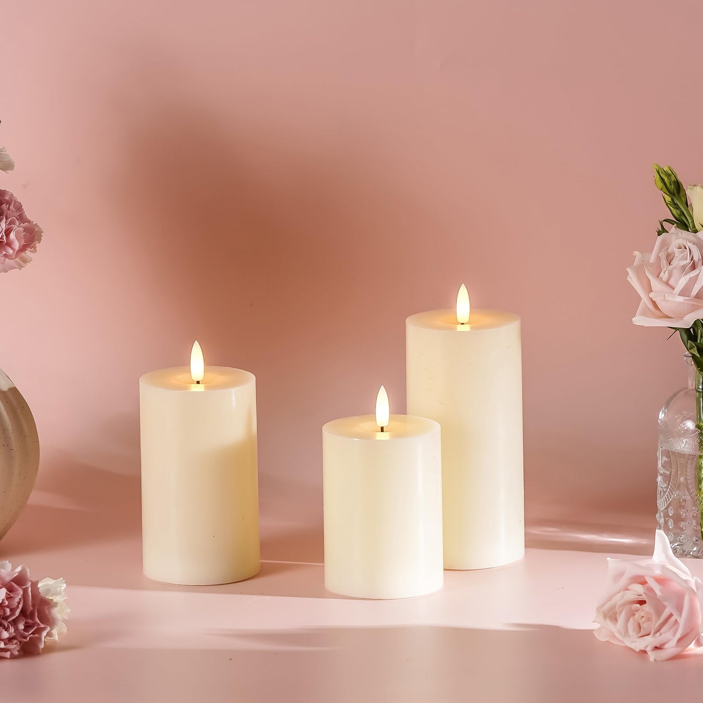 Stmarry Ivory Flameless Candles with Remote and Timer, Real Wax Made LED Pillar Candles Battery Operated with 3D Flickering Flame - 3" x 4", 3" x 5", 3" x 6" - Set of 3