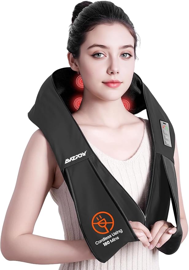 AMZPONY® Cordless Neck Massager for Pain Relief Deep Tissue, Rechargeable Shiatsu Neck and Back Massager with Heat Kneadin...