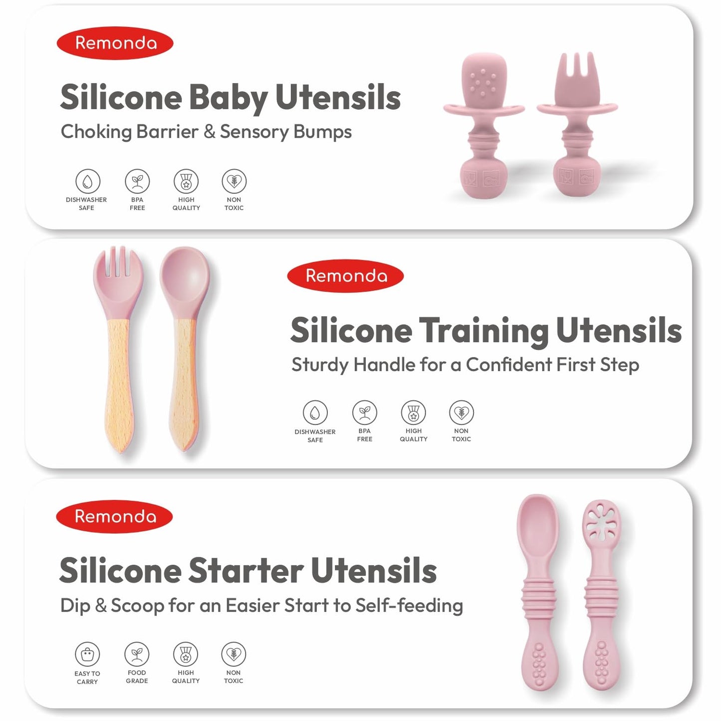 Remonda 23-Piece BPA-Free Silicone Baby Feeding Set | Extra Large Suction Plates, Toddler Bowls, Self Feeding Spoons, and More | Dishwasher Safe| Baby Led Weaning Supplies (Pink)