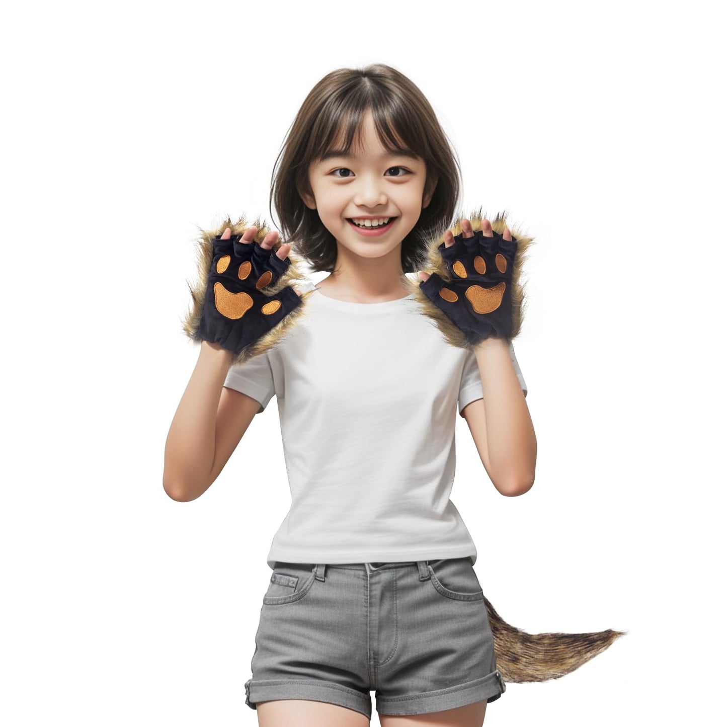 Ravakeny Fingerless Wolf Paw Gloves, Stretchy Furry Faux Fur Paws Animal Fox Cat Paws Gloves Halloween Cosplay Costume for Kids, Party (Brown)