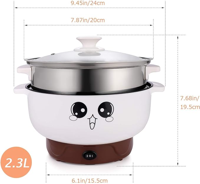 4-IN-1 Multifunction Electric Cooker Skillet Grill Pot Wok Electric Hot Pot for Noodles Cook Rice Fried Stew Soup Steamed Fish Boiled Egg Small Non-stick (2.3L, with Lid and Steamer)